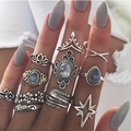 Bohemian silver ring set with grey-blue gemstones and lotus feather engravings - 12-Piece Bohemian Nostalgic Style (5097)