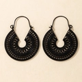 Retro hollow geometric round drop earrings in matte black finish with petal patterns - Black Hollow Circular Large Earrings (5673-black)