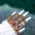 Bohemian silver-tone ring set of 5 with vintage red oval stones on a water background - Red Cabochon Water Ripple Style (17196-red)