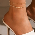 Chic gold beaded and rhinestone double-layer anklet set worn with white high heels - Double Layer Ball & Rhinestone Tennis Chain (W-62) / Gold