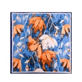 Artistic square silk scarf with navy blue floral patterns and orange butterfly details - Blue Leaves (S-Line)