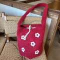 Cute red wool bucket bag with white floral embroidery and matching shoulder strap - Angola Red Flower