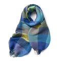 Blue and yellow checkered knit scarf with soft tassels on a clean white background - Sapphire Blue