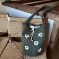 Deep moss green plush bucket bag with white floral embroidery and drawstring closure - Moss Green Flower