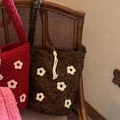 Knitted plush bucket bag with floral embroidery in red, brown, and pink options - Classic Brown Flower
