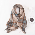Sciarpa classica a quadri beige blu e marrone con nappe in finto cashmere morbido - Marrone Chiaro