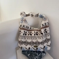 Plush crossbody hobo bag with ethnic geometric pattern and handmade metal tag - Blue Snowflake Ethnic