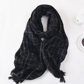 Checkered black and white cashmere-like scarf with fringe details in flat lay style - Black / 180cmx65cm