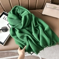 Emerald green chunky knit scarf with fringe trim on premium vintage leather background - 67cmx180cm / Green