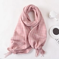 Pink and grey cashmere-feel plaid scarf with soft tassels for autumn winter warmth - Pink / 180cmx65cm