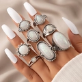 Set de 8 anillos bohemios vintage plateados con piedras de opale blanco y grabados - Juego de 8 Piezas Blanco Plateado Retro (6421-silver)