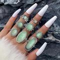 9-piece bohemian silver ring set with turquoise stones and vintage floral carvings - Retro Pale Green Opal-Look Style (6421-green)