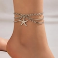 Close-up of a three-layer silver anklet featuring a detailed starfish pendant on skin - Silver Starfish Style (20014银海星)
