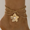 Three-layer gold anklet featuring a textured flower pendant with a white faux pearl center - Gold Artificial Pearl Five-Petal Flower (20014-ank-G-3)