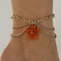 Three-layer gold ankle chain with orange floral pendant and snake chain for women - Gold Orange Five-Petal Flower (20014-ank-G-4)
