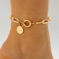 Detail of gold chunky link anklet featuring a relief pattern coin charm and spring clasp - Gold Relief Round Tag Style (30669-ank-G)