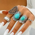 Bohemian style five-piece silver ring set with turquoise stones and vintage engraving - Stacking Turquoise Plain Style (17196-green)