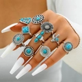 10-piece bohemian silver-tone ring set featuring turquoise stones and ethnic engravings - Southwest Bohemian Sunflower Style (24890-blue)
