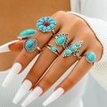 7-piece bohemian silver ring set with turquoise stones and vintage geometric carvings - Ethnic Cyan Turquoise Style (25298-blue)