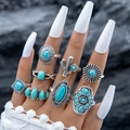 8pcs vintage bohemian rings set in silver finish with turquoise stones on hand - Cactus Sunburst Style (25356-blue)