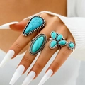 Bohemian silver rings set with turquoise stones featuring vintage floral patterns - Turquoise-Look Teardrop Flower Style (25632-blue)