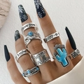 8-piece bohemian vintage silver ring set with turquoise and love you engraving - Love Token Turquoise Bull Head Style (26426-blue)