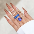 6pcs gold snake ring set with blue crystal accents and evil eye ring on hand - Gold Blue Evil Eye Gemstone Set (18711-blue)