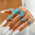6pcs vintage turquoise ring set with geometric snake designs in antique silver finish - Retro Cyan Bohemian Lightning Style (26653-blue)