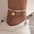 Handmade beach anklet with white beads and a golden shell pendant for summer style - White Shell Beaded Anklet (21466-white)