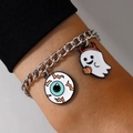 Halloween bracelet with silver chain featuring enamel eyeball and ghost pumpkin charms - Ghost and Eye Style (20417-silver)