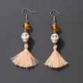 Skull drop earrings with amber beads and light pink tassels for Halloween style - Silver Skeleton Hand Tassel