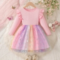 Mädchenkleid mit rosa Oberteil und Regenbogen-Tüllrock mit Silber-Schmetterlingen - 100 / Rosa