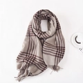 Classic beige and dark brown checkered scarf with fringe tassels for men and women - 70*180cm / Gray