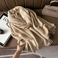Beige pleated cashmere-feel scarf with vertical stripes and fine tassel details - 67cmx180cm / Apricot