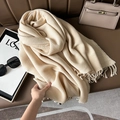 Beige pleated cashmere-feel scarf with vertical ribbing and fringe detail for winter - 67cmx180cm / Off White