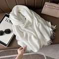 White pleated cashmere-like scarf with fringe detail on luxury leather background - 67cmx180cm / White
