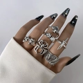 Punk silver gothic rings set featuring skull spider and butterfly on hand with black nails - 7-Piece Spider Dice Dagger Style (19690-silver)