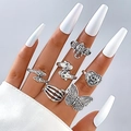 6-piece gothic punk ring set in vintage silver finish with skull and butterfly motifs - 6-Piece Snake Elephant Skull Punk Style (25302-silver)