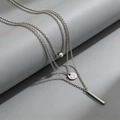 Three-layer silver layered necklace with metal balls, round disc, and vertical bar pendants - Silver (lcy-005)