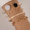 Detail of four-piece gold bracelet set with marble inlay and geometric hexagon design - Marble Pattern Geometric 4-Piece Set (23570-gold)