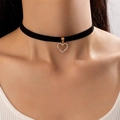 Gothic black velvet choker featuring a hollow gold heart pendant with sparkling rhinestones - Gold Heart Rhinestone Pendant Style (22800) / Black