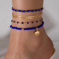 Set de 4 tobilleras bohemias con cuentas azules, colgante de concha y cadena de hoja dorada - Estilo concha azul real de 4 piezas (21255-blue) / Set de 4 piezas / Azul Real
