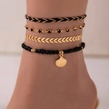 Bohemian four-piece anklet set with gold shell charm, leaf chain, and black beaded strands - 4-Piece Anklet (21255-black) / Black