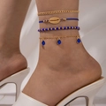 Detalle de conjunto de cuatro tobilleras bohemias con cuentas y colgantes de concha - Estilo caracola y gota azul de 4 piezas (24195-blue) / Set de 4 piezas / Azul