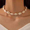 Close-up of handmade cowrie shell choker necklace with natural bohemian beach style vibes - Natural Shell Choker Style (23893-white)