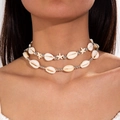 Detail of layered seashell choker with silver starfish charms worn on neck - Double Layer Shell Star Style (29176-white)