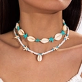 Close-up of double-layered beaded necklace with shells and turquoise stars - Double Layer Blue Bead Starfish Style (29175-white)