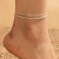 Sparkling silver multi-layer rhinestone anklet set for beach fashion and summer style - Double Layer Ball & Rainbow Rhinestone Chain (w-62) / Silver
