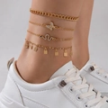 Set of four gold-tone anklets featuring rhinestone butterfly, snake and lock pendants - 4Pcs Set Cuban Chain Butterfly Snake Lock Pendants (24962-gold) / Gold
