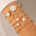 Five-piece gold bracelet set with marble stone charms and geometric heart shapes on a wrist - Heart and Triangle 5-Piece Set (21601-G)